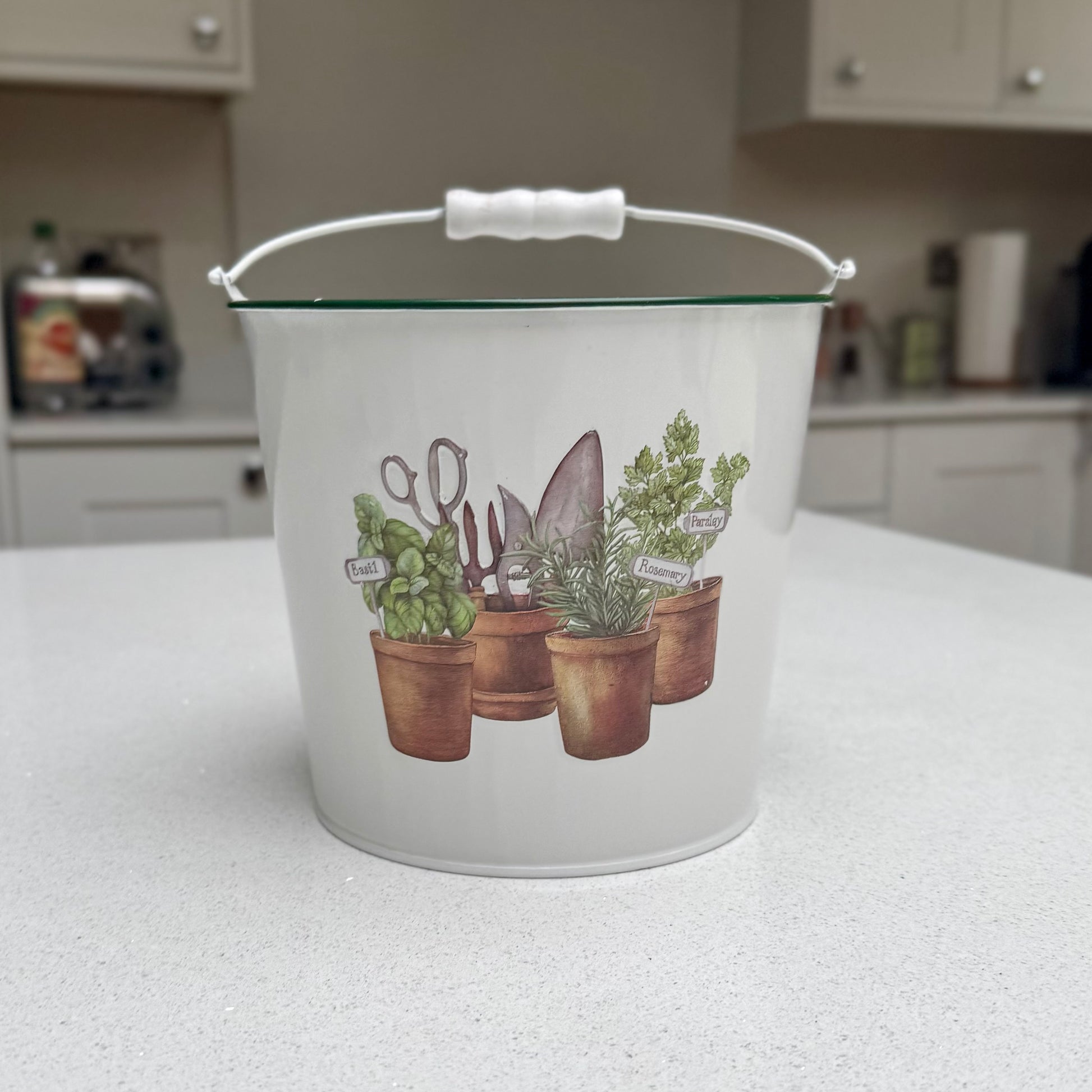 White Metal Herb Planter with Garden Tools Design 17cm