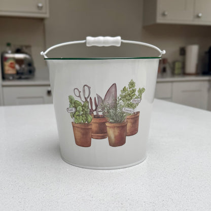 White Metal Herb Planter with Garden Tools Design 17cm