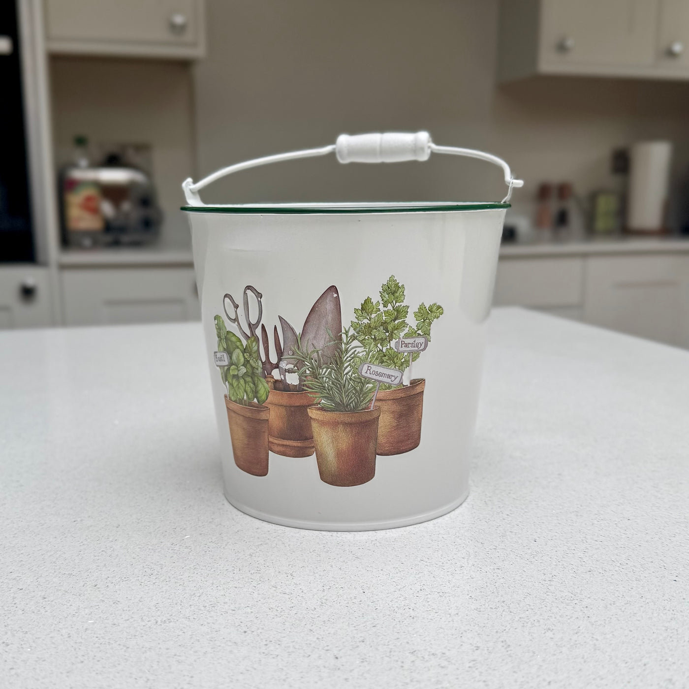 White Metal Herb Planter with Garden Tools Design 17cm