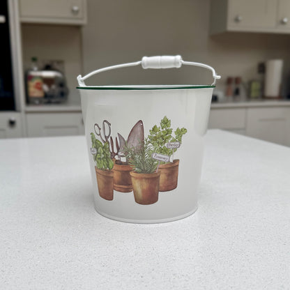 White Metal Herb Planter with Garden Tools Design 17cm