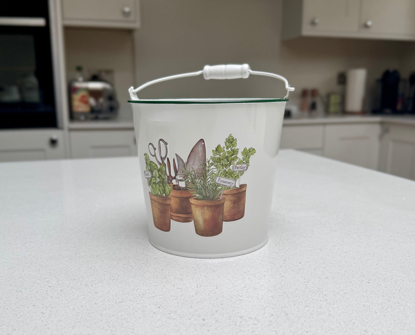 White Metal Herb Planter with Garden Tools Design 17cm