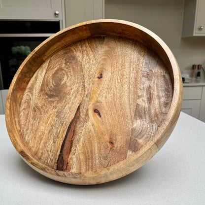 Large round wooden tray for table styling