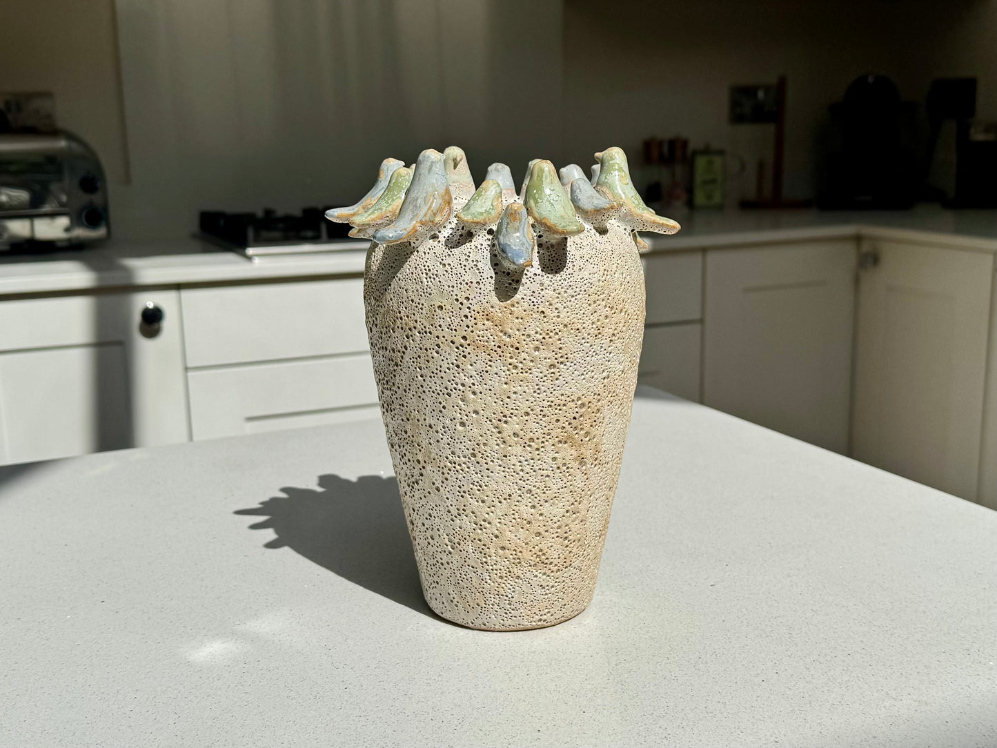 Handmade Ceramic Bird Vase with Coral Effect in Blue and Green 22cm