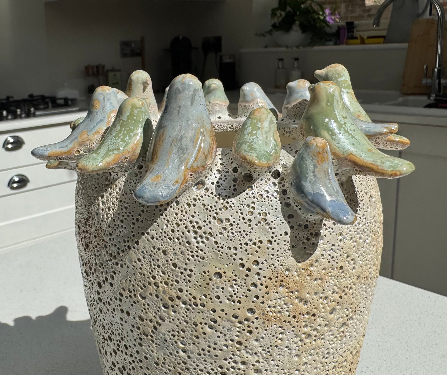 Handmade Ceramic Bird Vase with Coral Effect in Blue and Green 22cm
