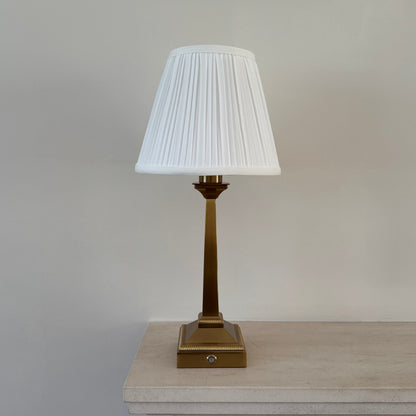 Mayfair Rechargeable Table Lamp in Brushed Gold with White Pleated Shade