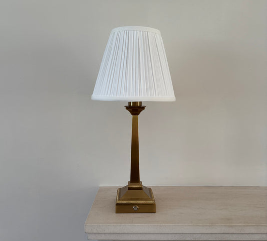 Mayfair Rechargeable Table Lamp in Brushed Gold with White Pleated Shade