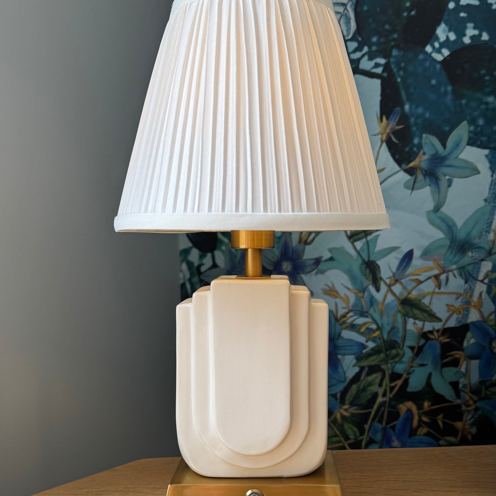 Belgravia Handmade Ceramic Rechargeable Table Lamp in White & Brushed Gold