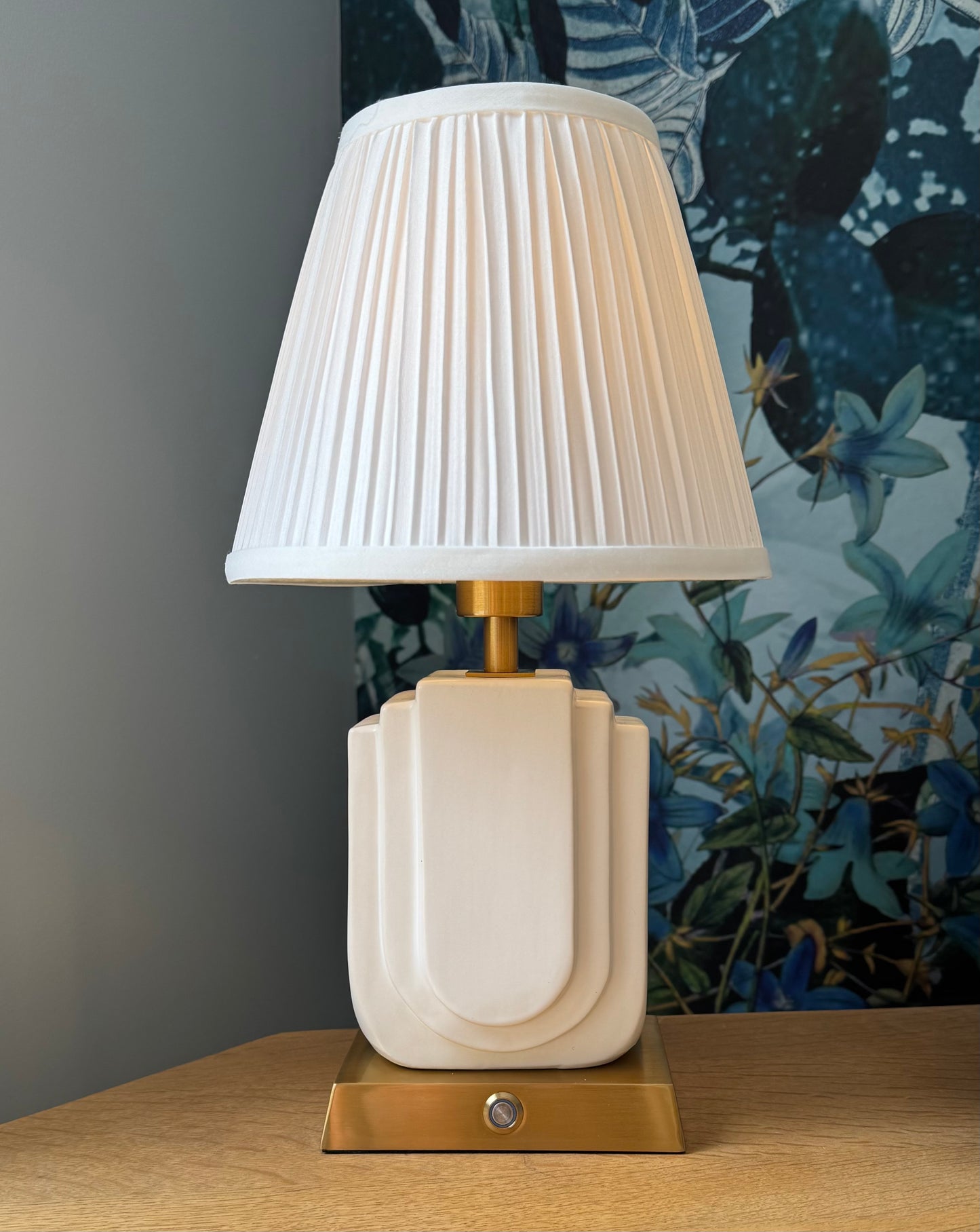 Belgravia Handmade Ceramic Rechargeable Table Lamp in White & Brushed Gold