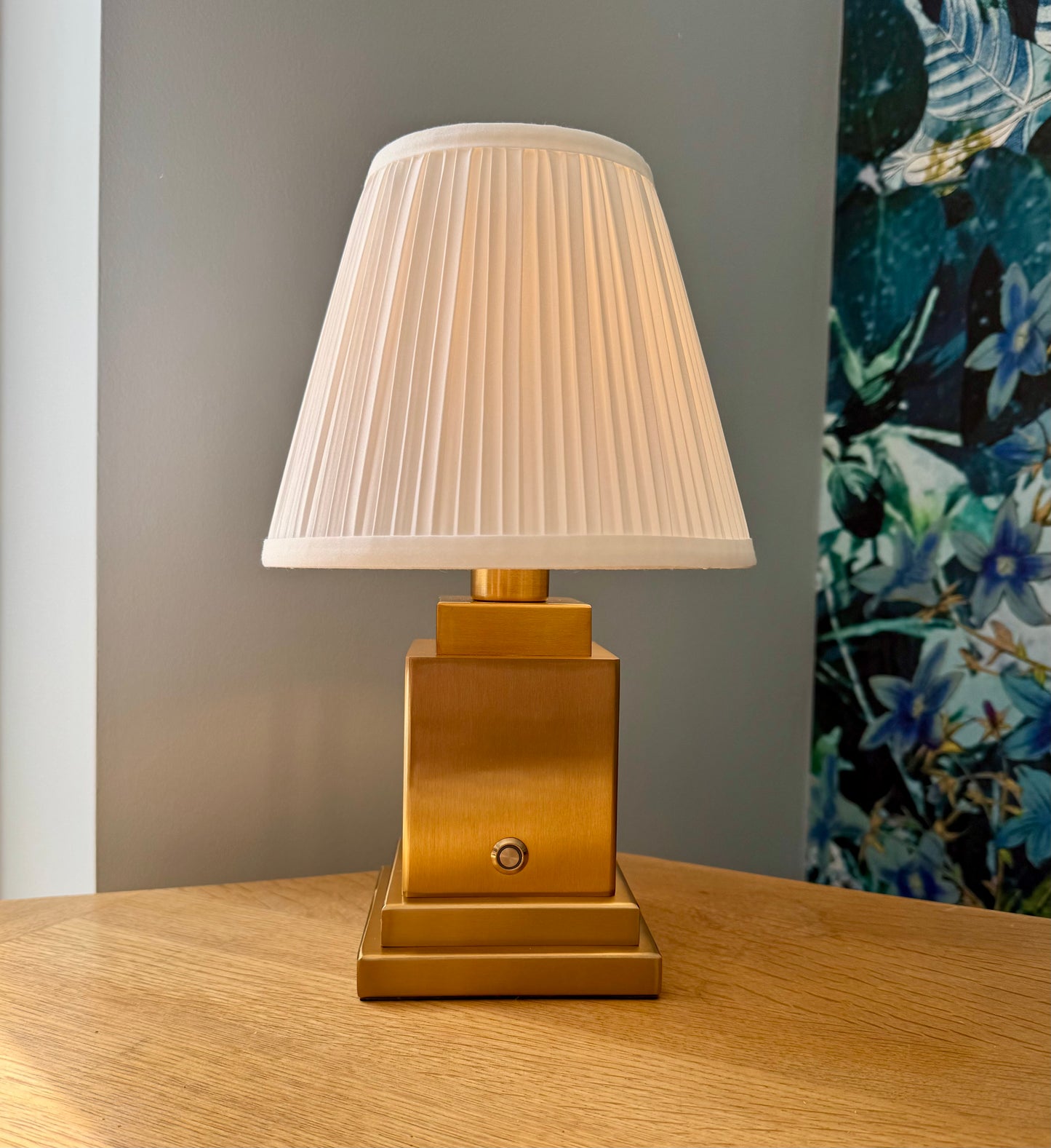 Ludlow Rechargeable Table Lamp in Brushed Gold with White Pleated Shade