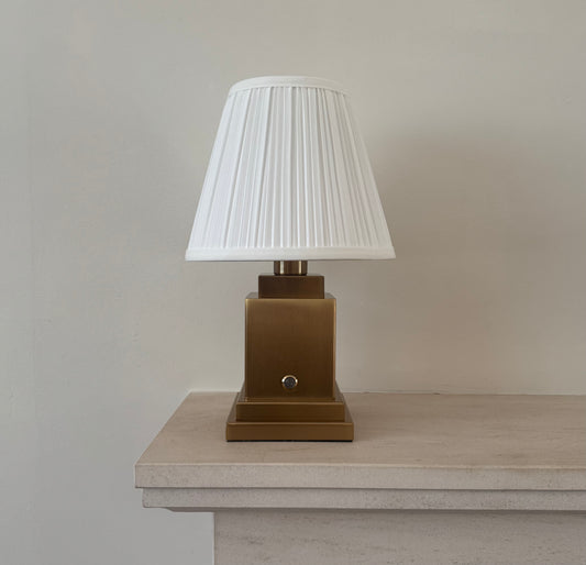 Ludlow Rechargeable Table Lamp in Brushed Gold with White Pleated Shade