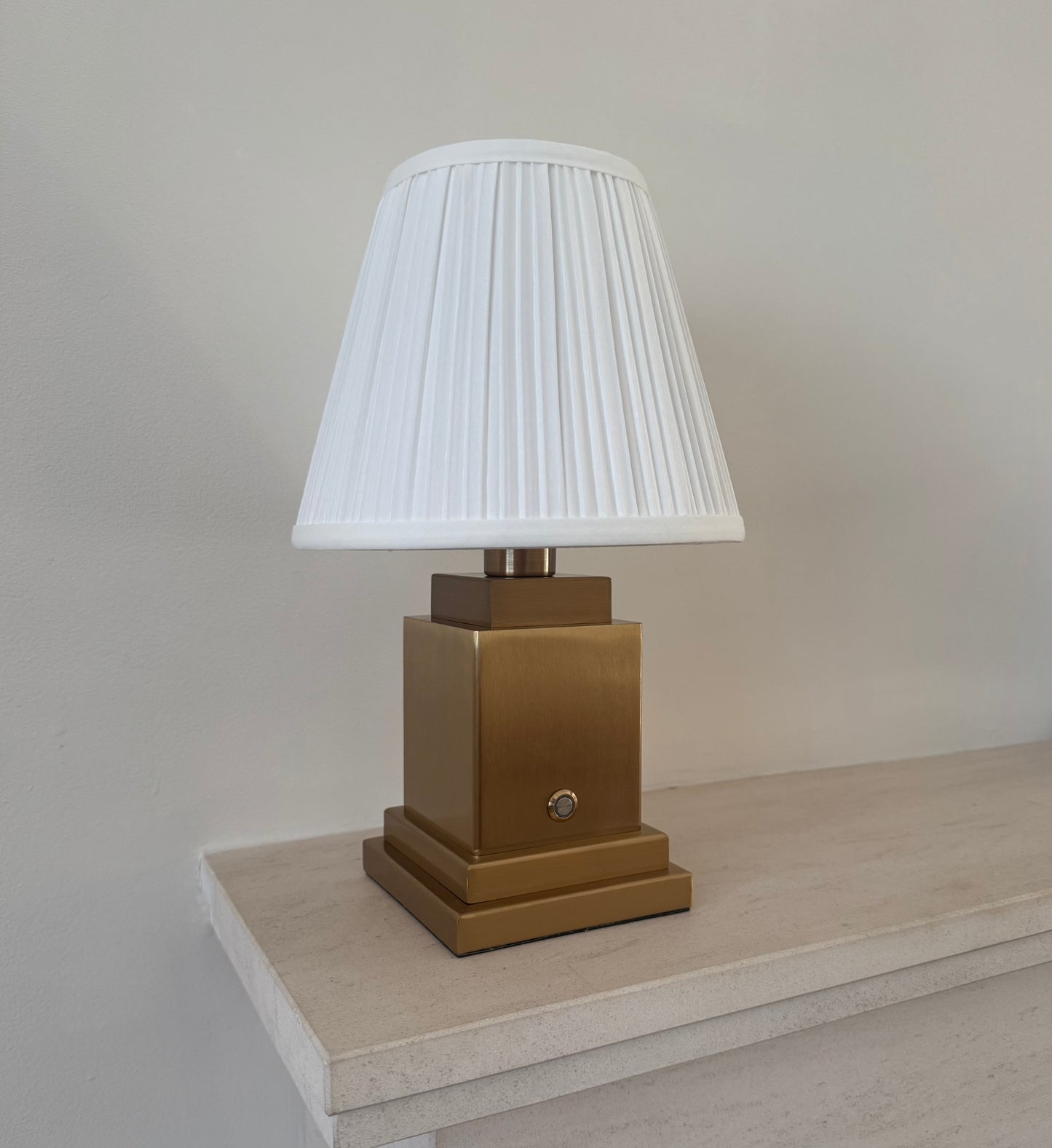 Ludlow Rechargeable Table Lamp in Brushed Gold with White Pleated Shade