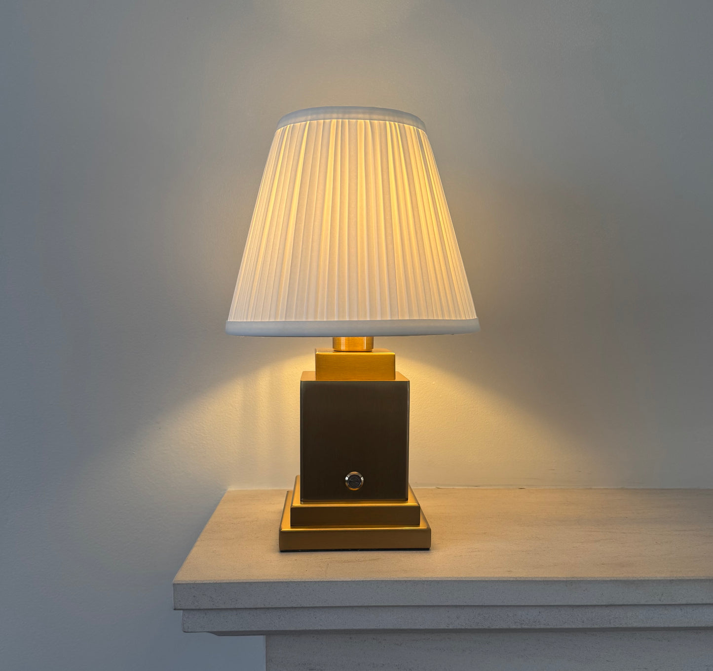 Ludlow Rechargeable Table Lamp in Brushed Gold with White Pleated Shade