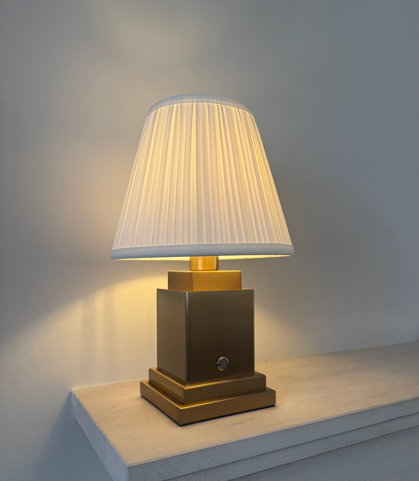 Ludlow Rechargeable Table Lamp in Brushed Gold with White Pleated Shade