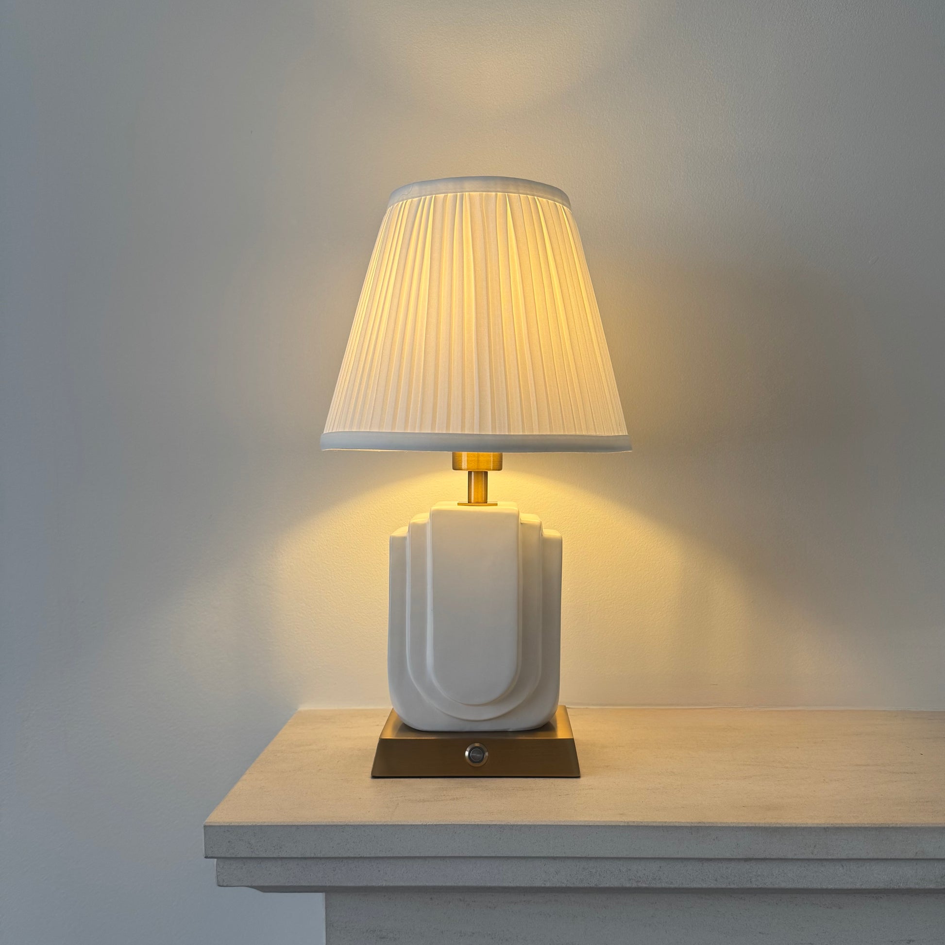Belgravia Handmade Ceramic Rechargeable Table Lamp in White & Brushed Gold