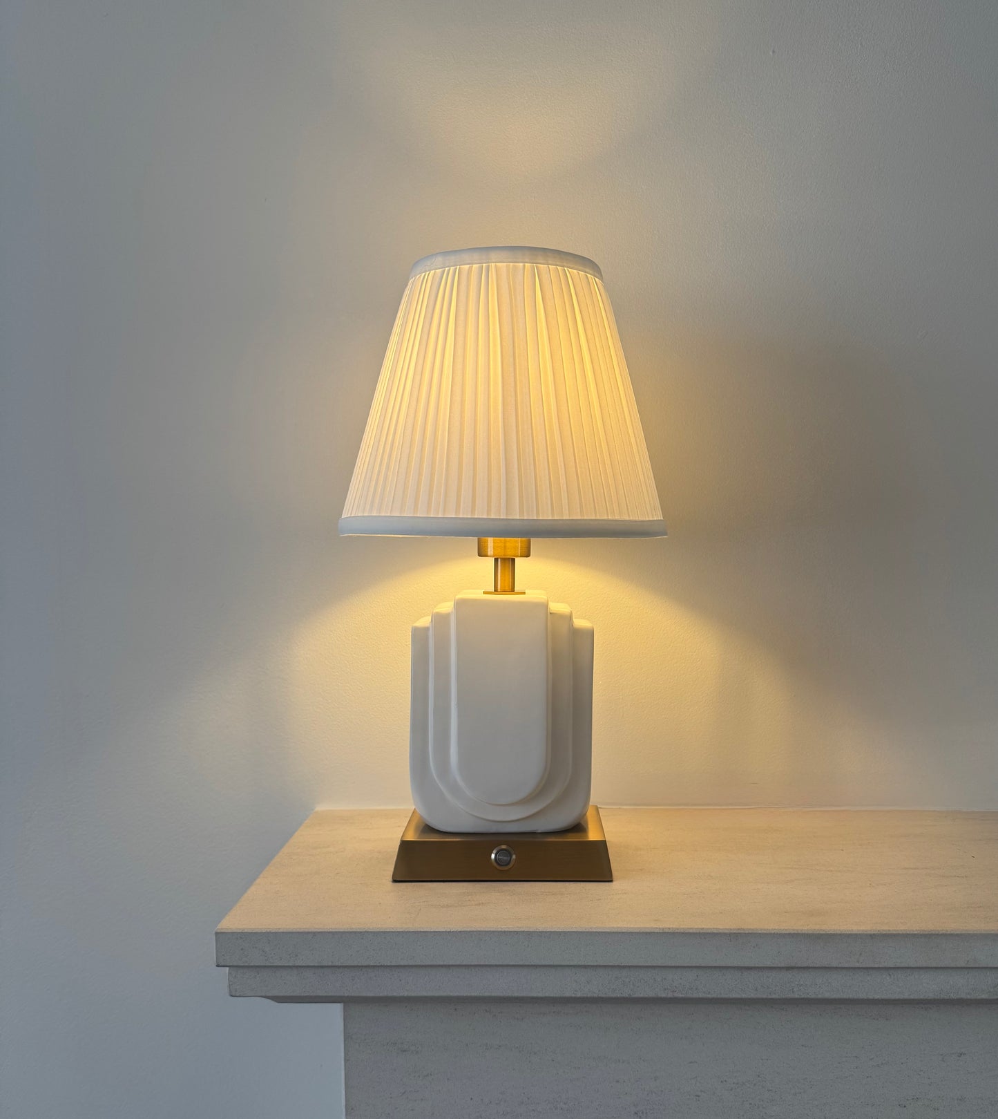 Belgravia Handmade Ceramic Rechargeable Table Lamp in White & Brushed Gold