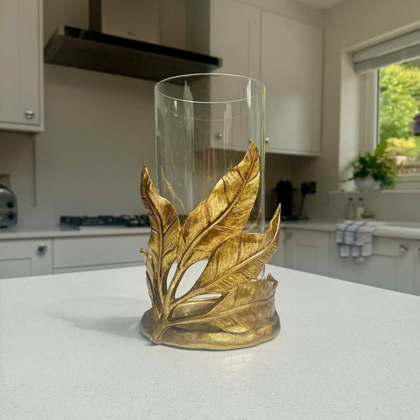 Gold leaf glass hurricane candle holder 26cm – Woollaston White