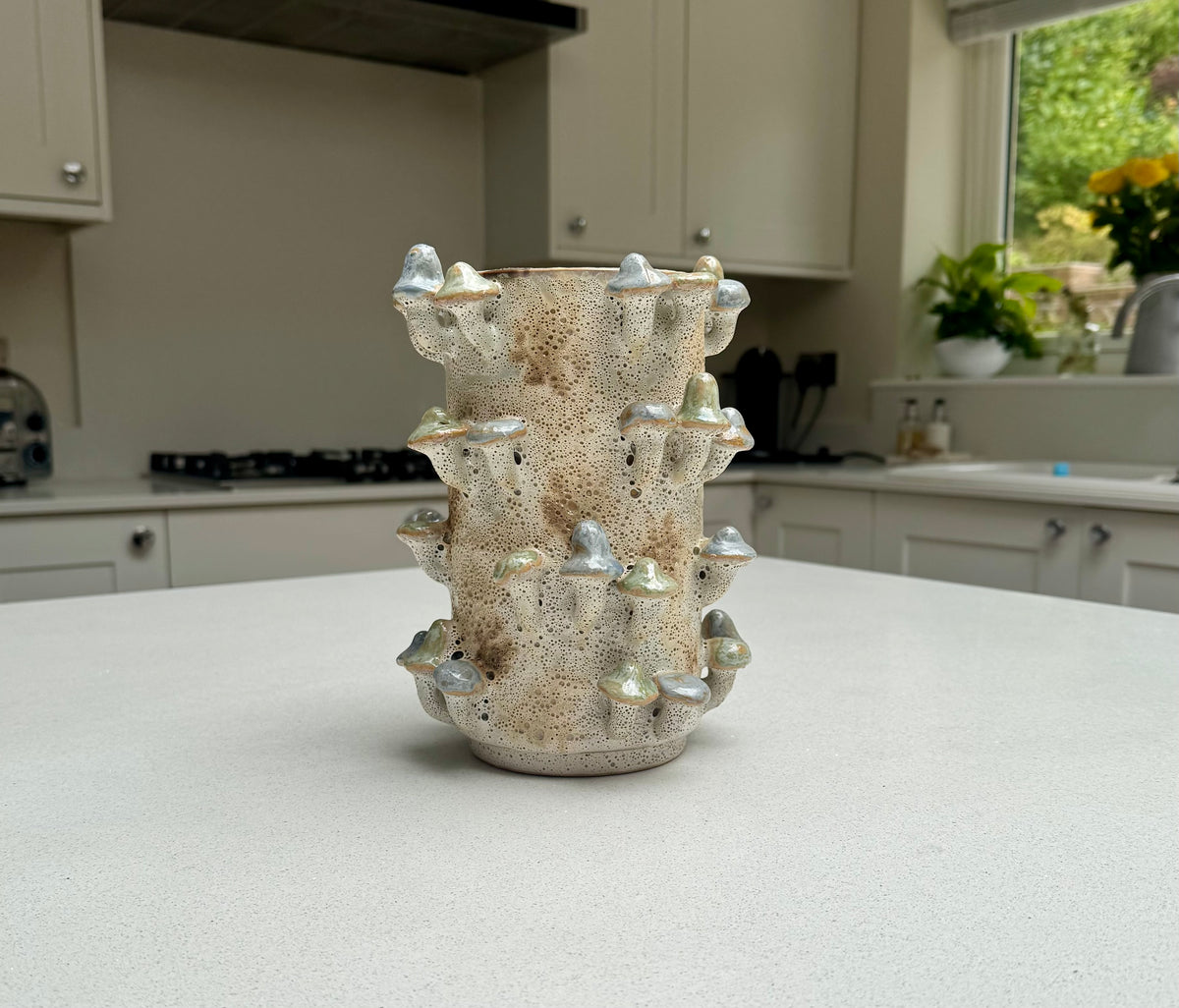 Handmade Ceramic Mushrooms Vase with Coral Effect in Blue and Green 22.5cm