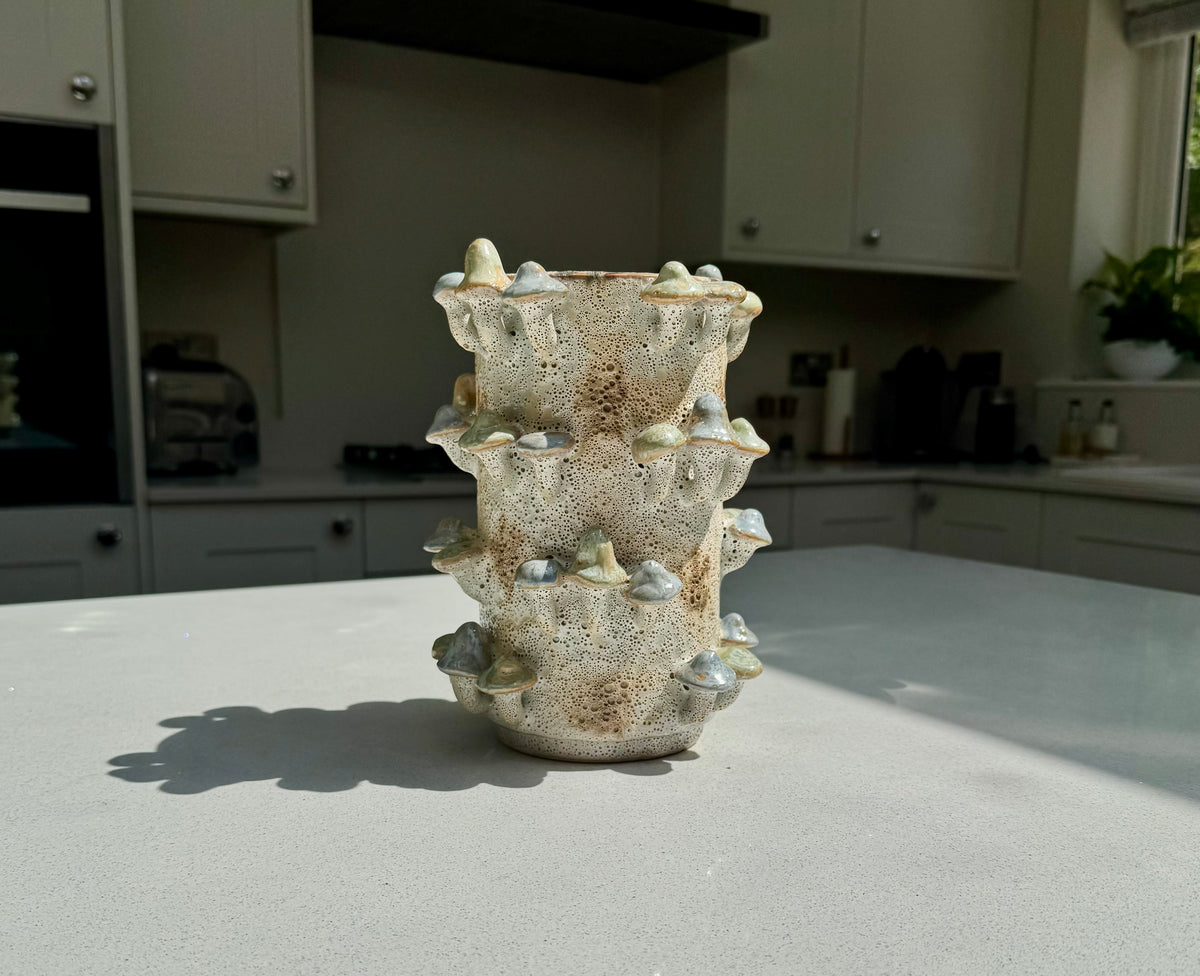 Handmade Ceramic Mushrooms Vase with Coral Effect in Blue and Green 22.5cm