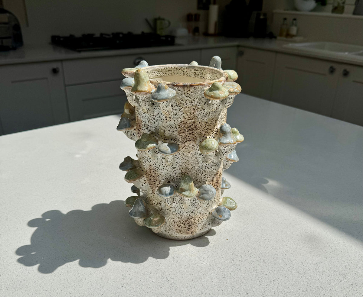 Handmade Ceramic Mushrooms Vase with Coral Effect in Blue and Green 22.5cm