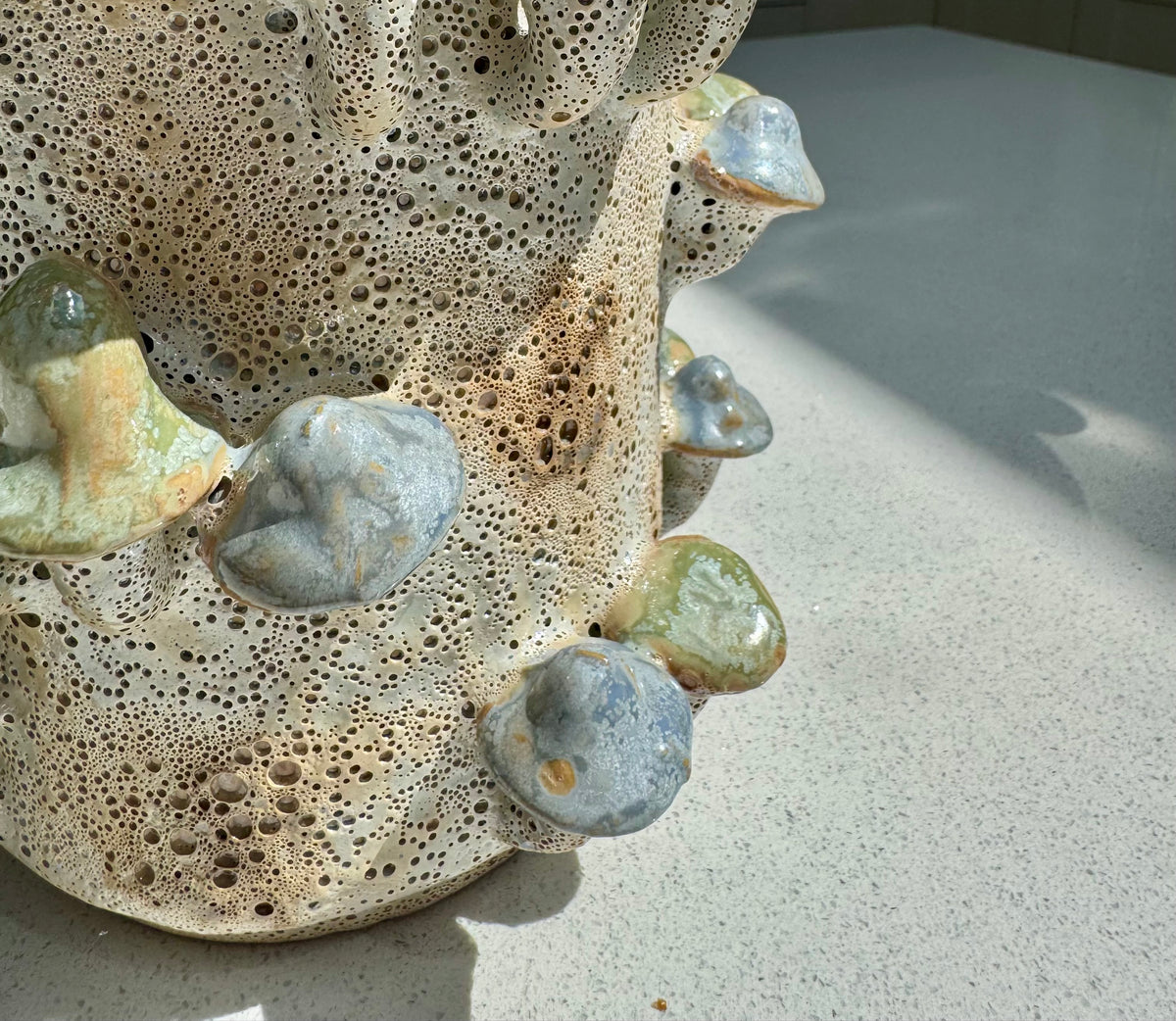 Handmade Ceramic Mushrooms Vase with Coral Effect in Blue and Green 22.5cm