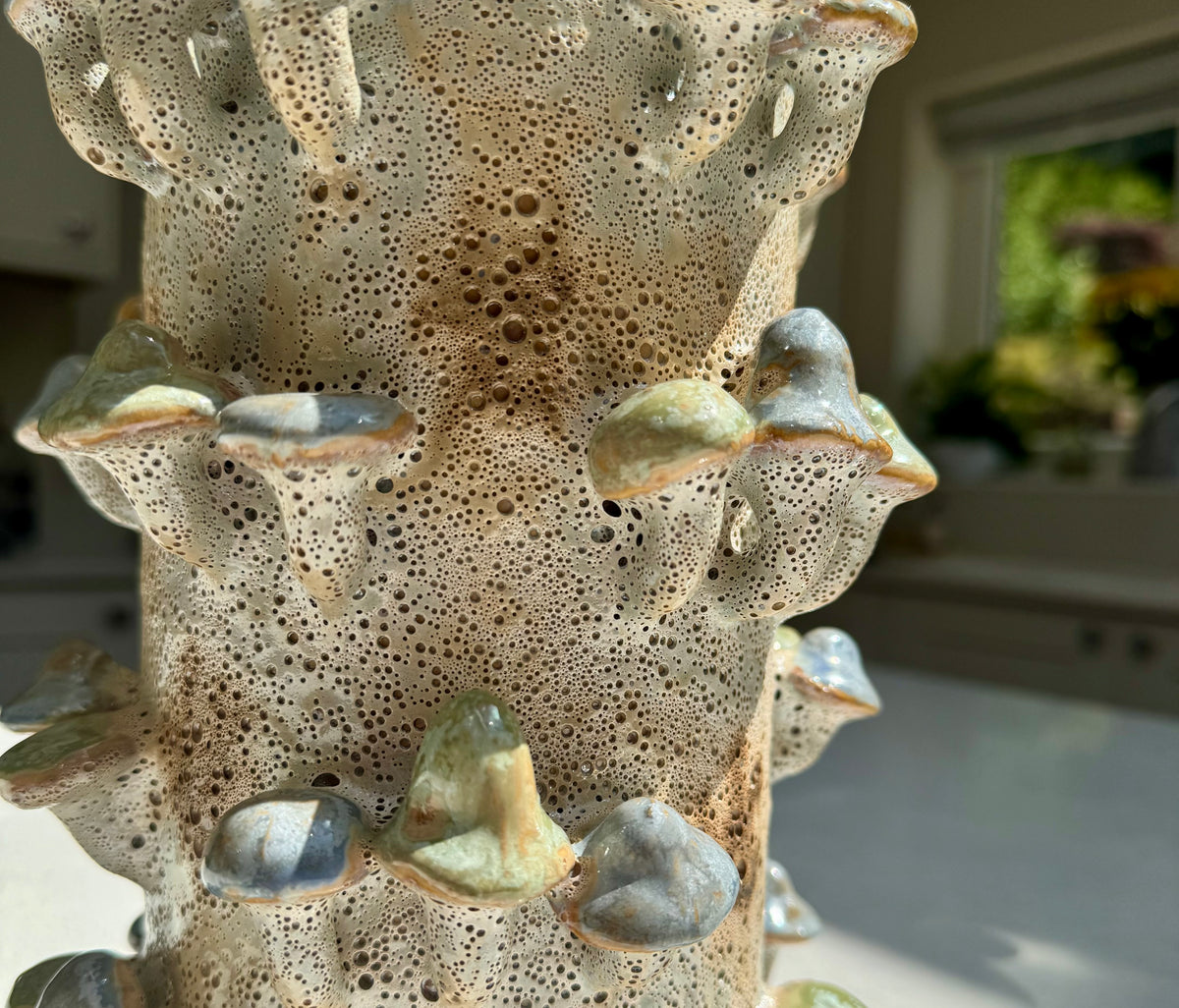 Handmade Ceramic Mushrooms Vase with Coral Effect in Blue and Green 22.5cm