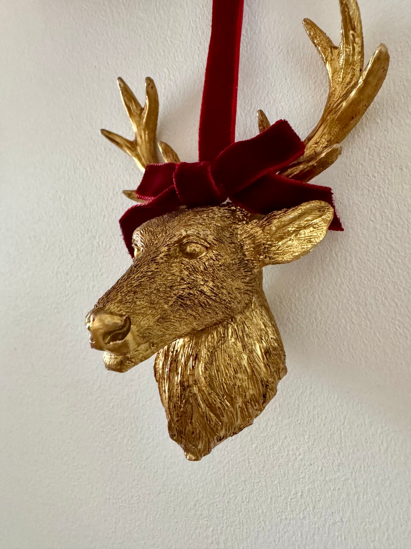 Gold Resin Stag Head Bauble with Red Velvet Bow