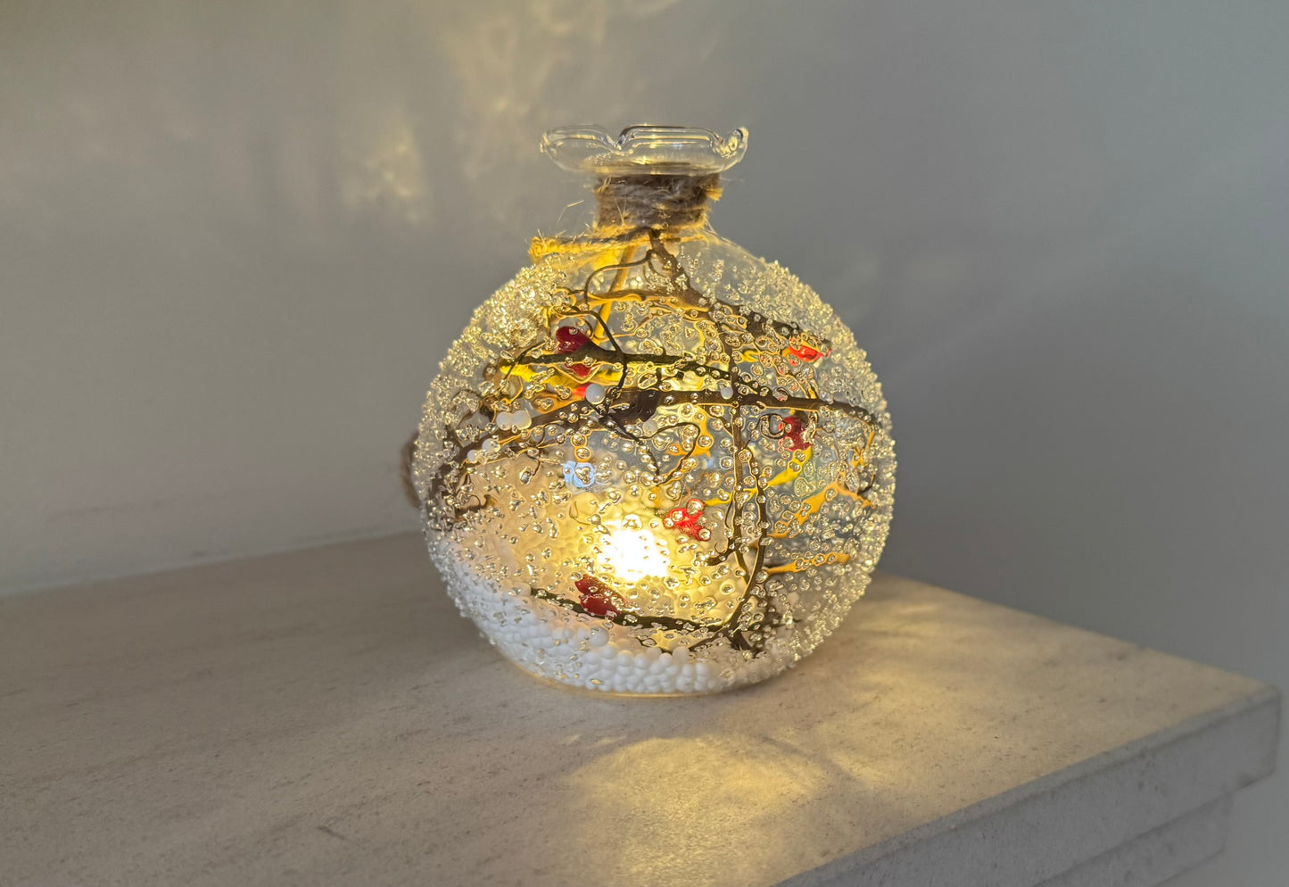 Winterberry Light-Up LED Snowy Glass Bauble 10cm