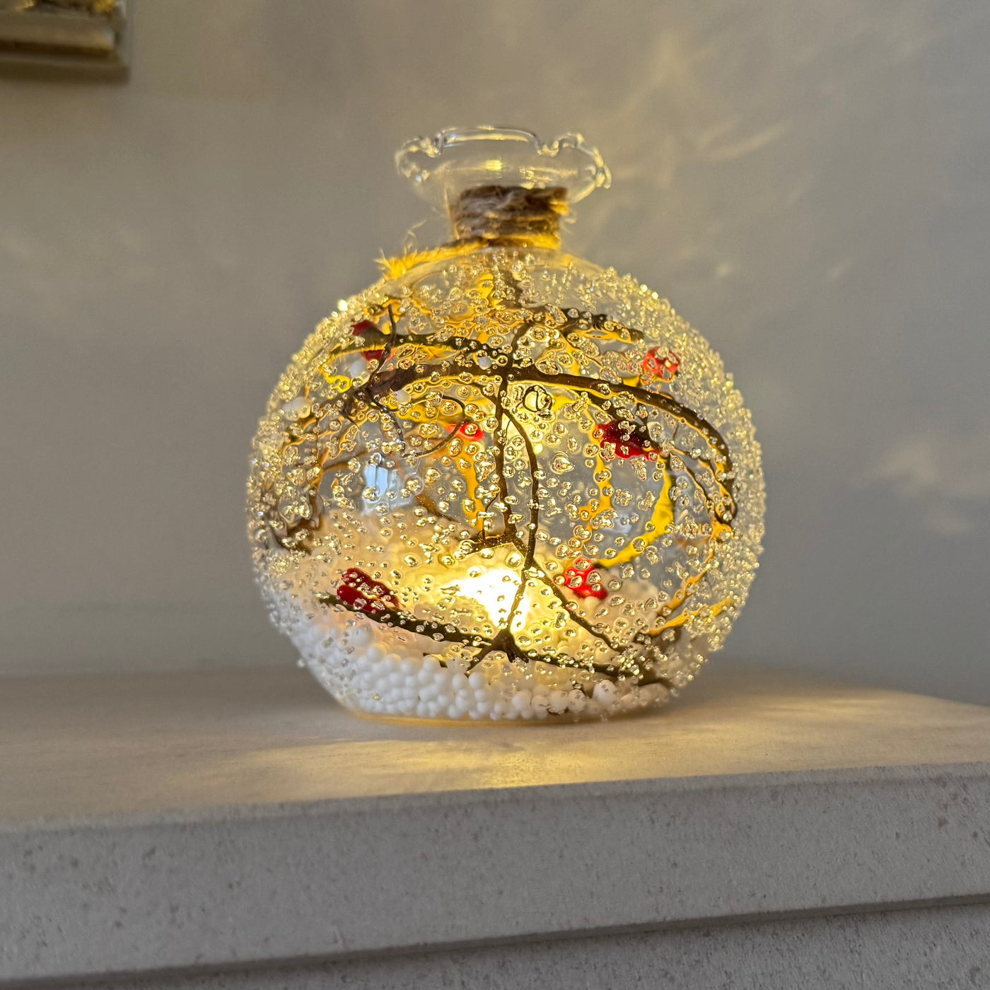 Winterberry LED glass bauble with snowy branches and red berries