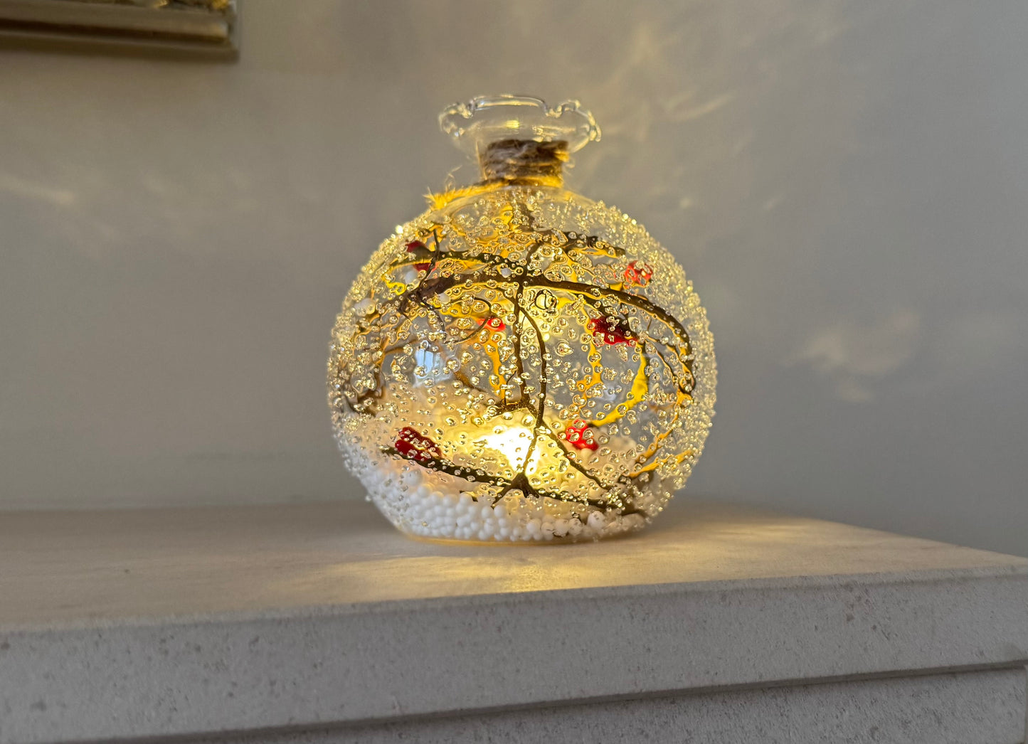 Winterberry Light-Up LED Snowy Glass Bauble 10cm