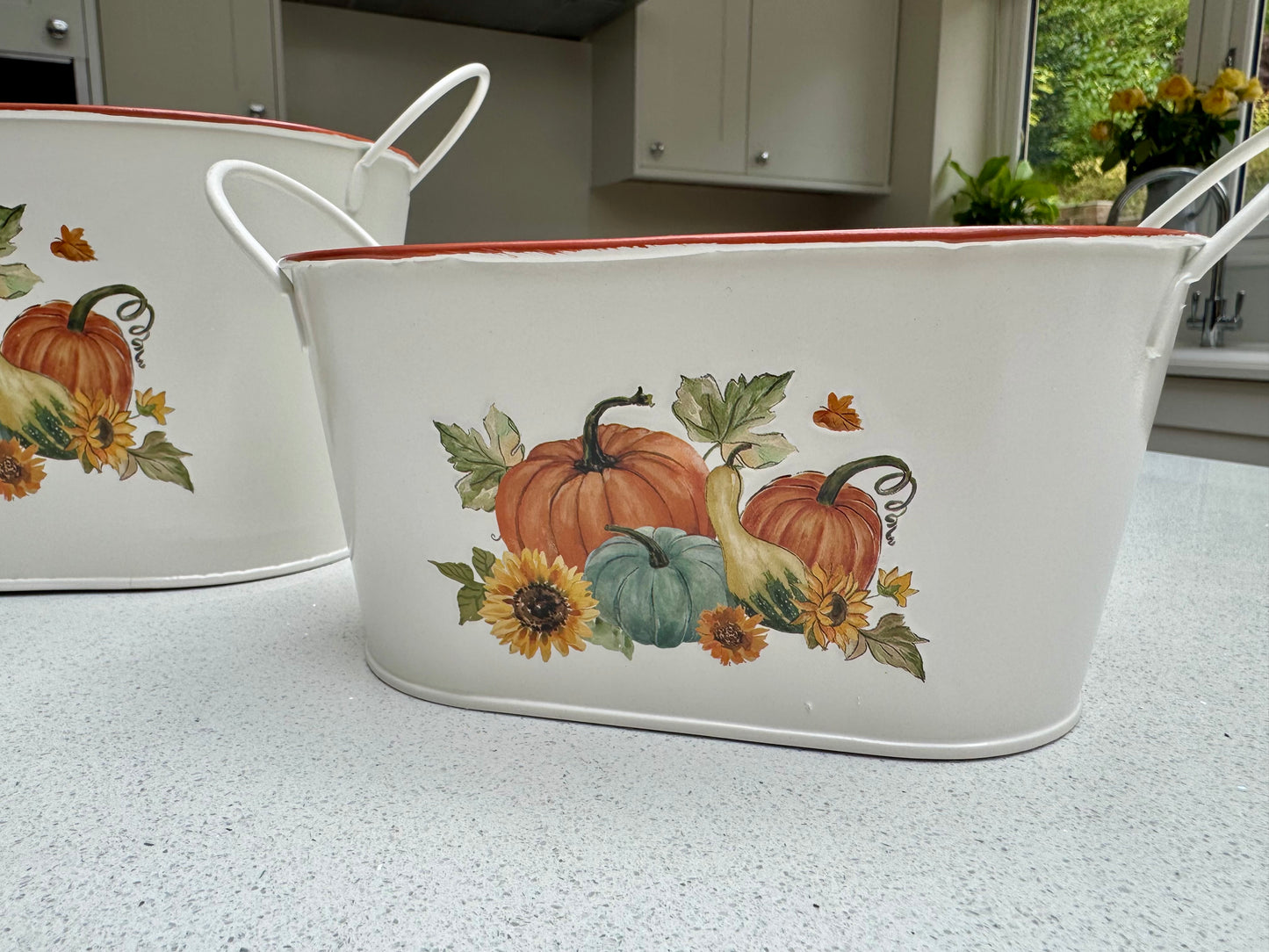 Harvest Home Pumpkin & Sunflower Metal Planter – Two Sizes