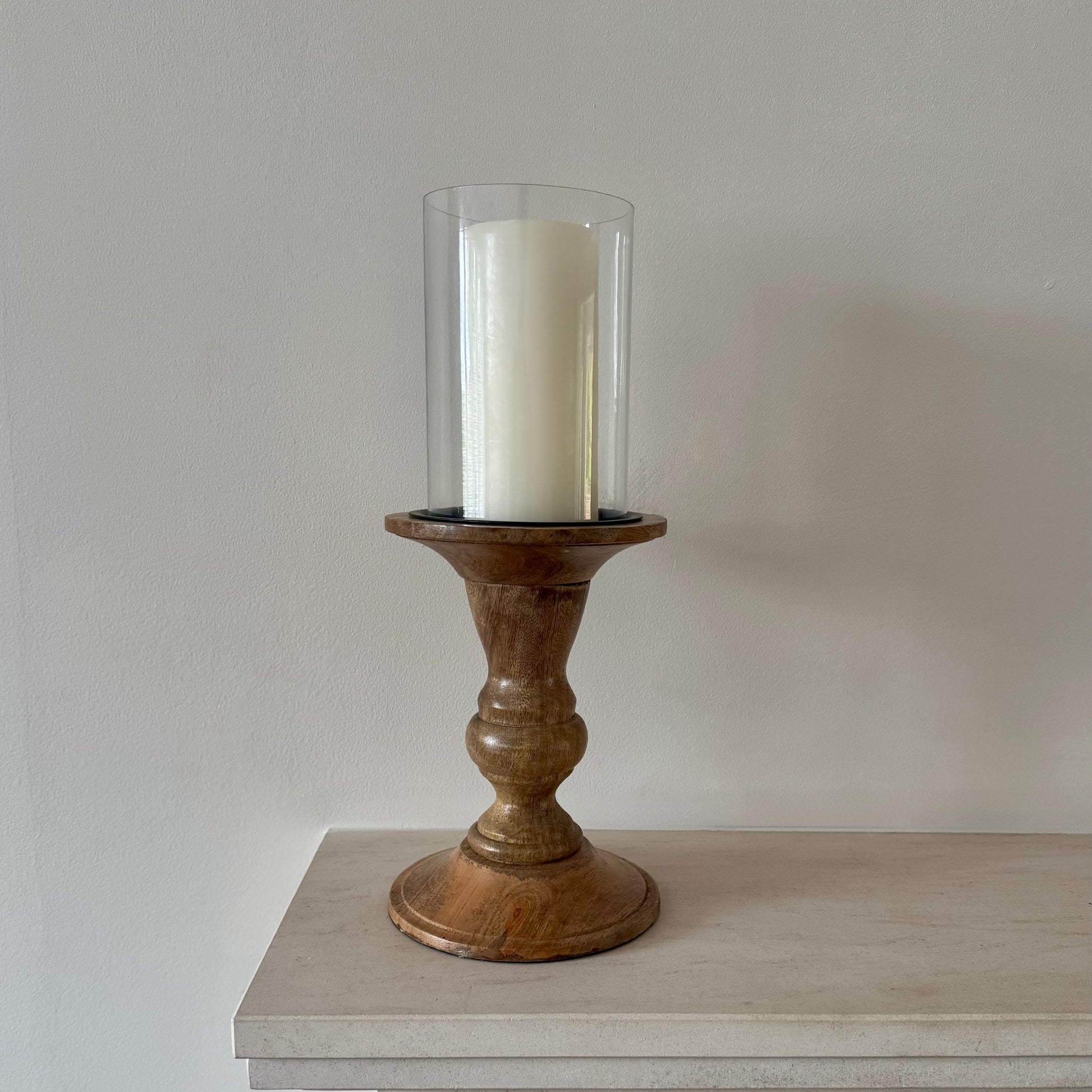 Natural wood hurricane candle holder with clear glass shade
