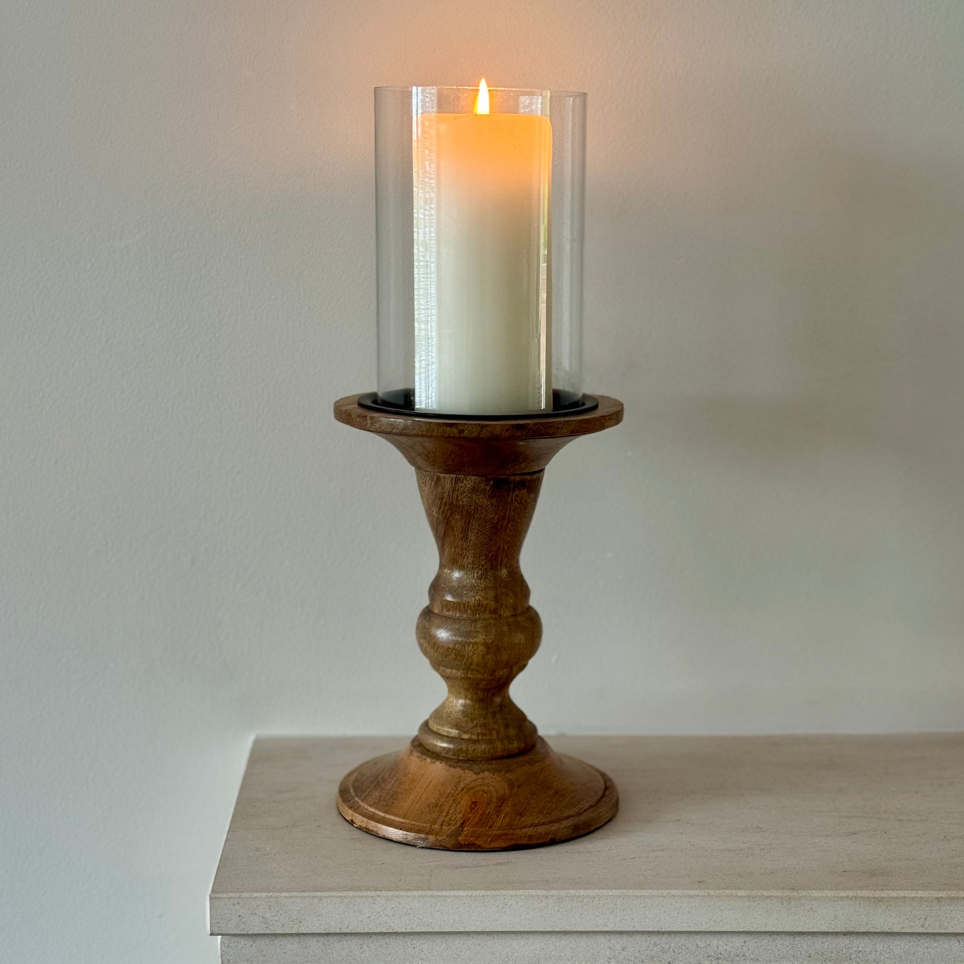 Alderley wood and glass hurricane candle holder 35cm – Woollaston White