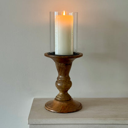 Alderley wood and glass hurricane candle holder 35cm – Woollaston White