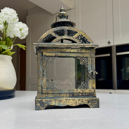 Vintage-style antique gold lantern with filigree detailing