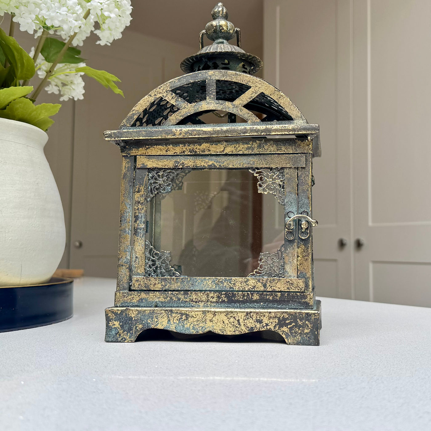 Rothbury glass candle lantern for mantel and table styling