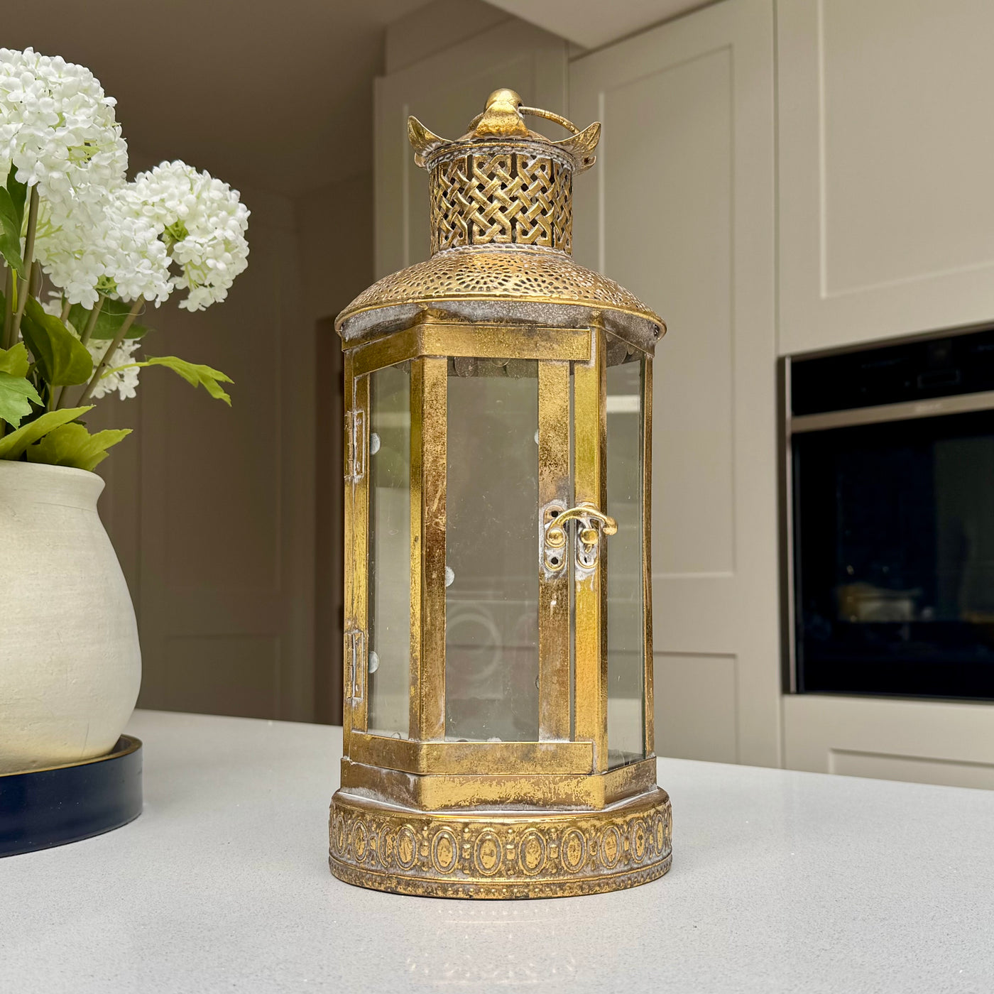 Alnwick Ornate Antique Gold Glass & Metal Candle Lantern – 40cm