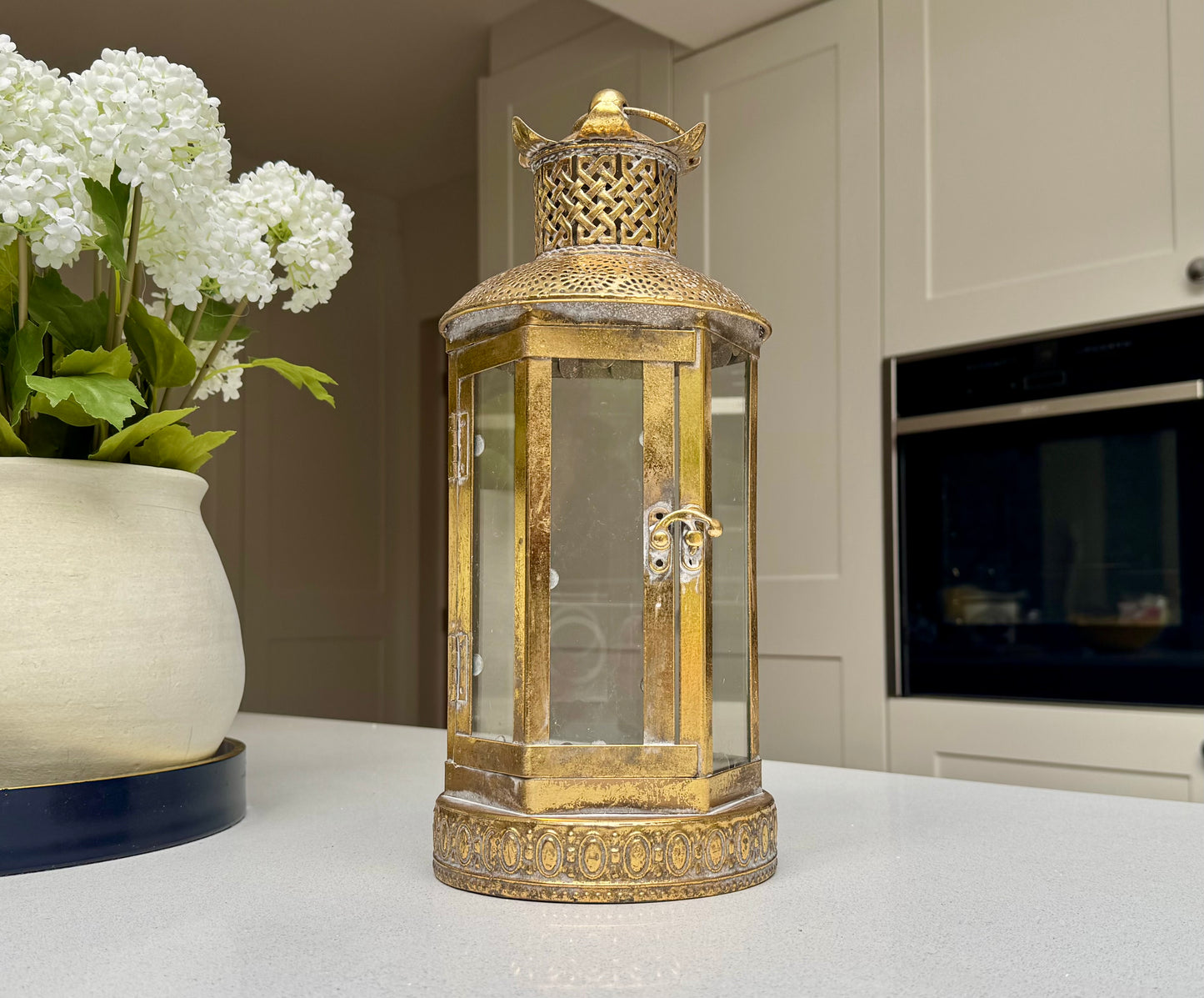Alnwick Ornate Antique Gold Glass & Metal Candle Lantern – 40cm