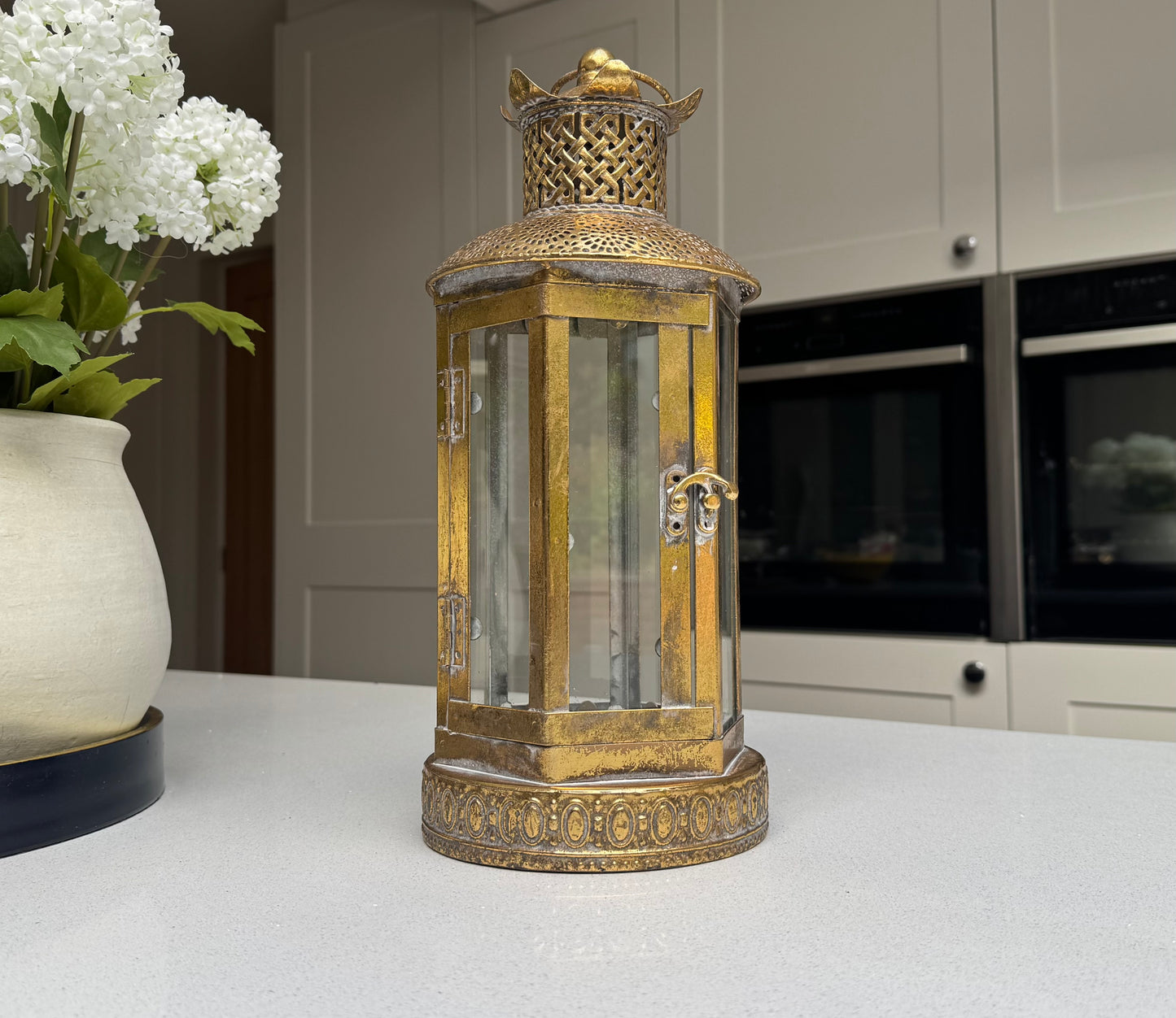 Alnwick Ornate Antique Gold Glass & Metal Candle Lantern – 40cm