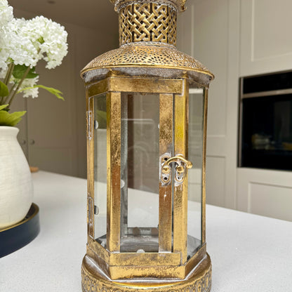 Alnwick Ornate Antique Gold Glass & Metal Candle Lantern – 40cm