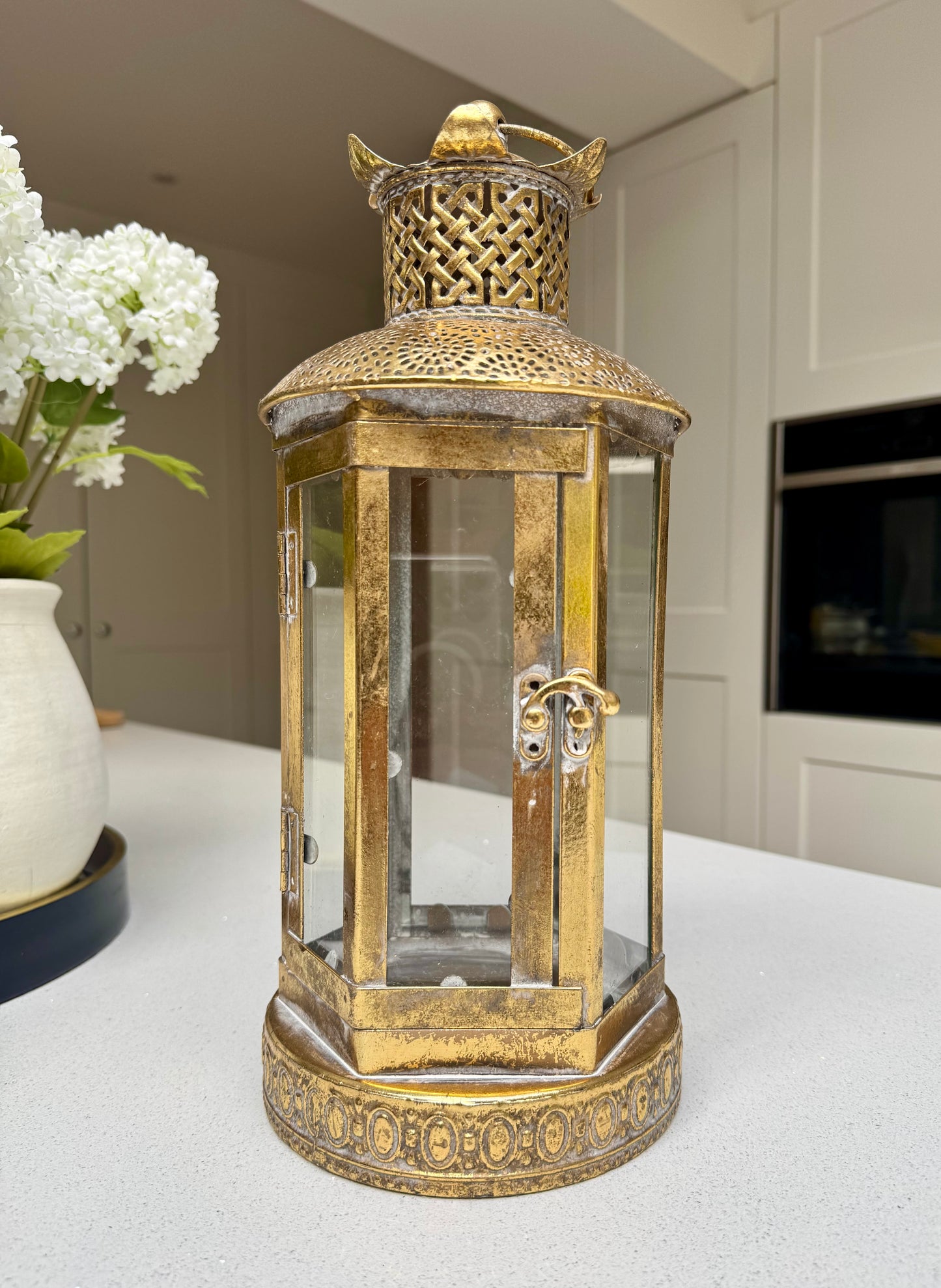 Alnwick Ornate Antique Gold Glass & Metal Candle Lantern – 40cm