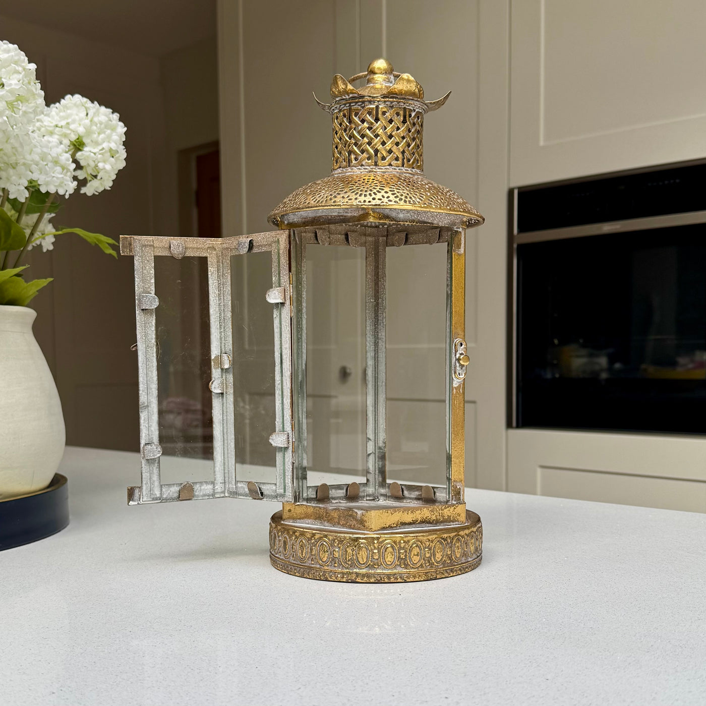 Alnwick Ornate Antique Gold Glass & Metal Candle Lantern – 40cm