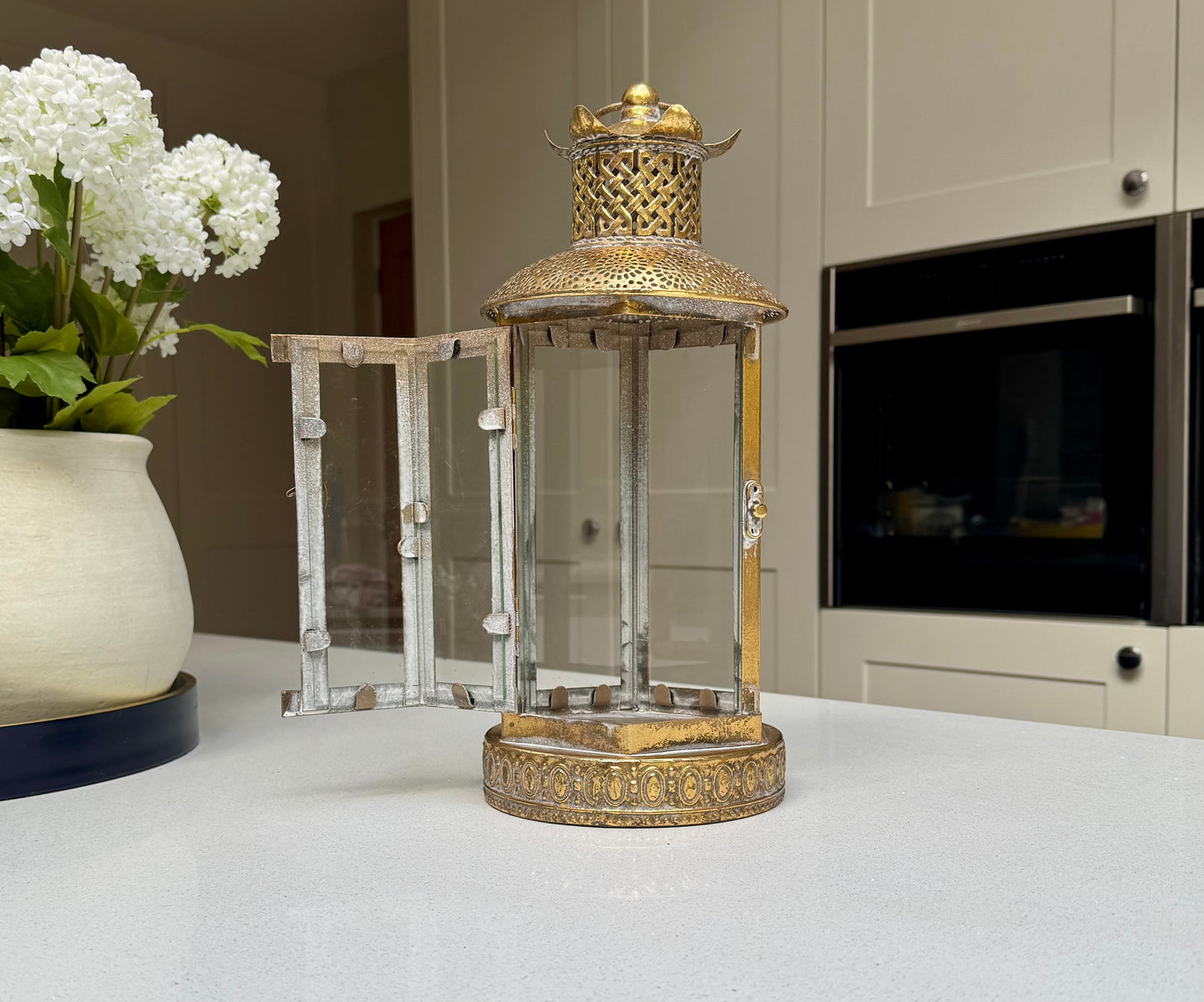 Alnwick Ornate Antique Gold Glass & Metal Candle Lantern – 40cm