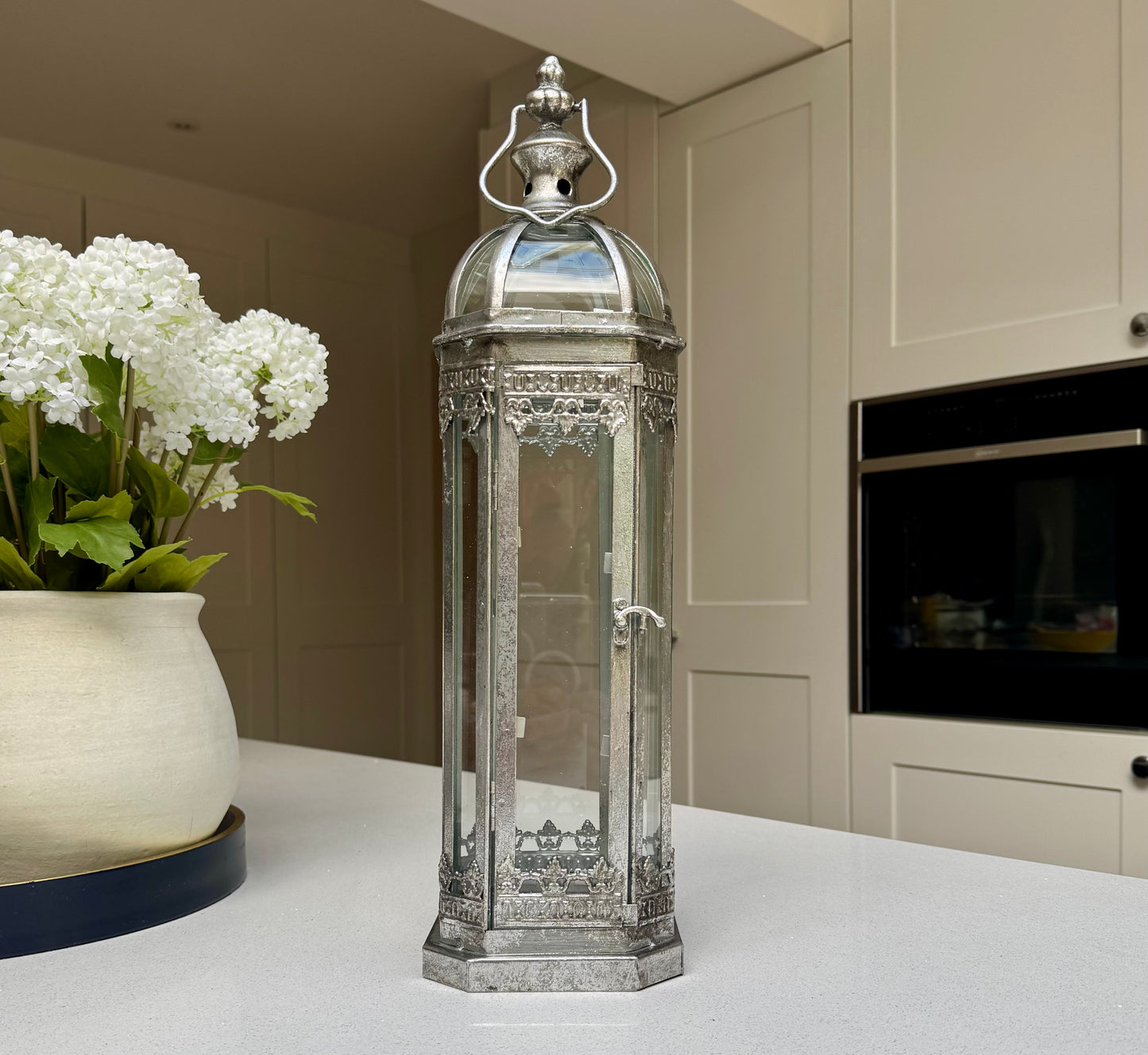 Fairmont Tall Silver Glass & Metal Candle Lantern – 48cm