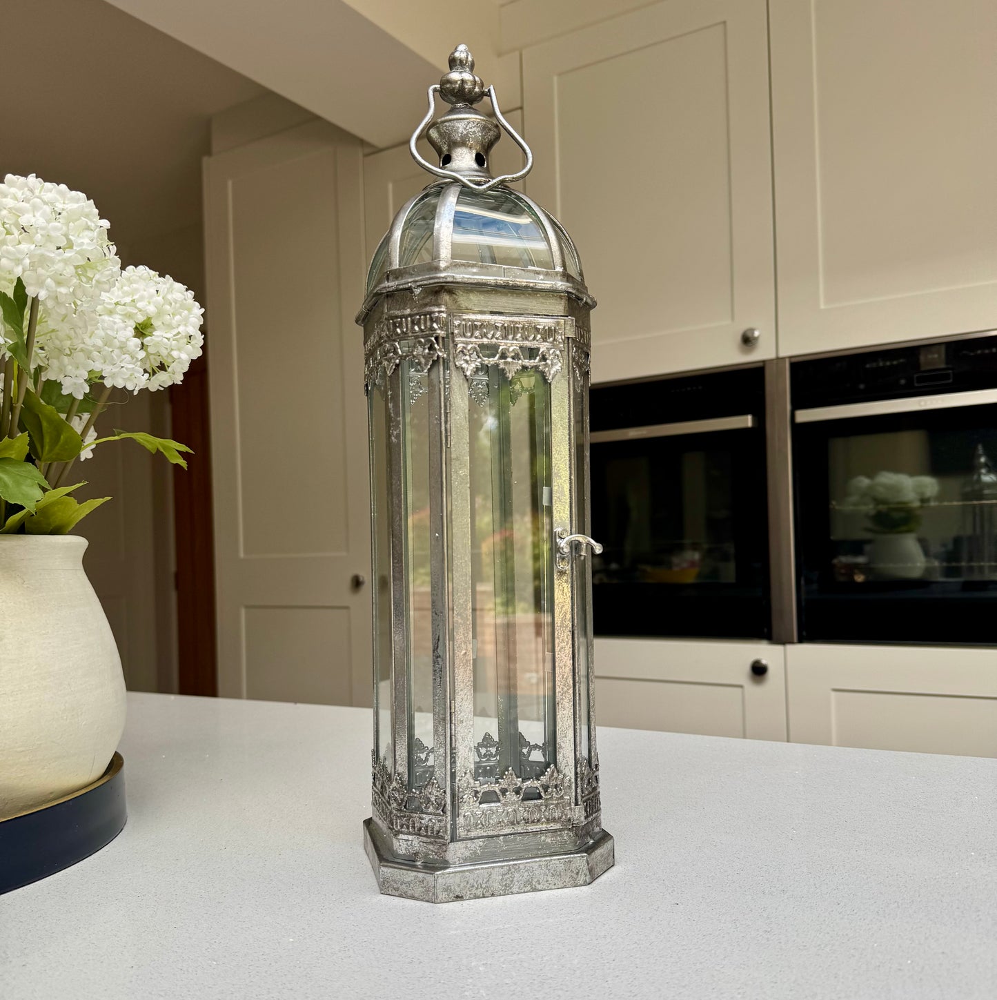 Fairmont Tall Silver Glass & Metal Candle Lantern – 48cm