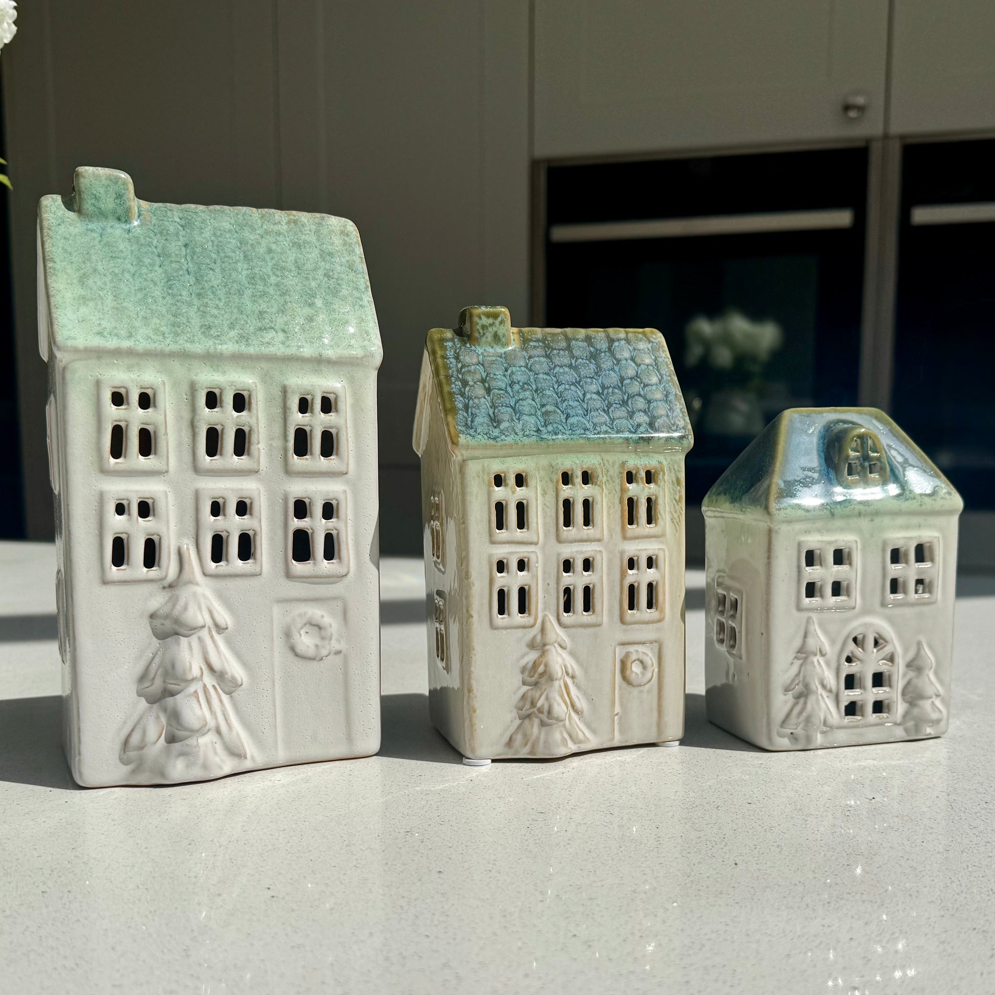 Ceramic Light-Up Christmas Houses with Green Roof
