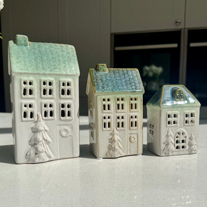 Ceramic Light-Up Christmas Houses with Green Roof
