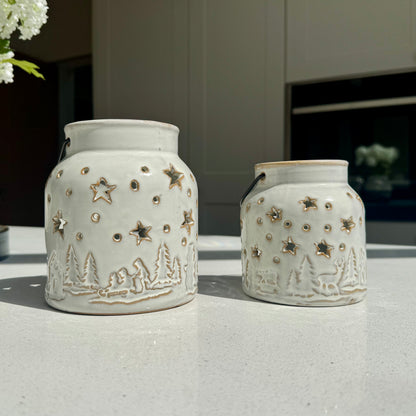 White Ceramic Winter Forest Star Lantern in Various Sizes