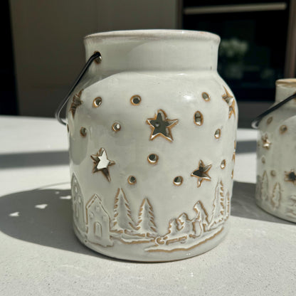 White Ceramic Winter Forest Star Lantern in Various Sizes