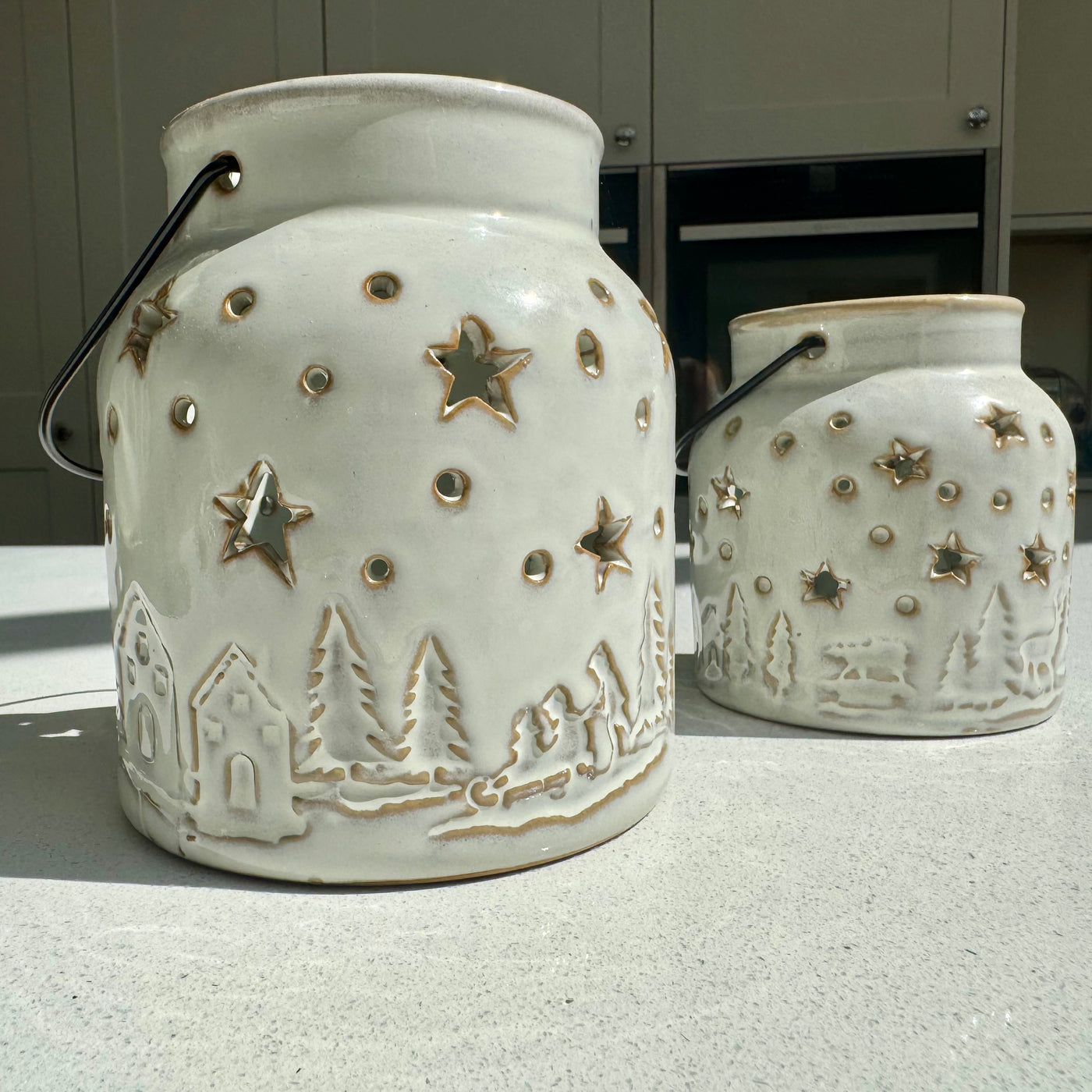 White Ceramic Winter Forest Star Lantern in Various Sizes