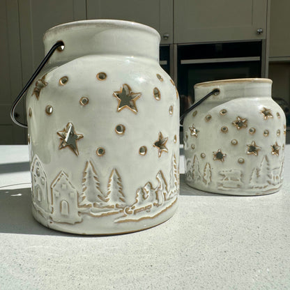 White Ceramic Winter Forest Star Lantern in Various Sizes